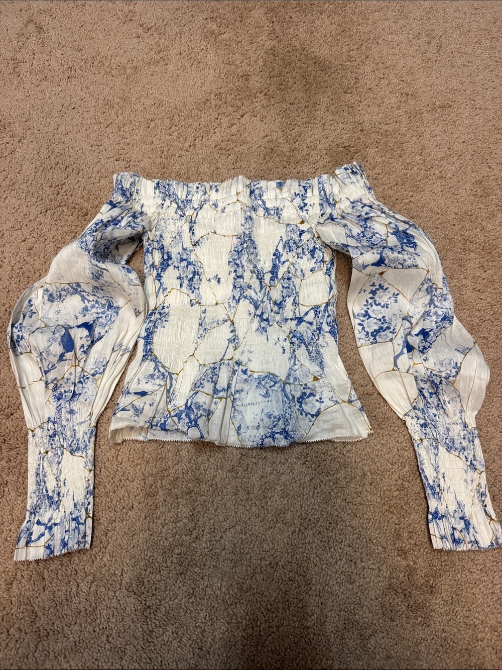 All Saints Off-Shoulder Blue & White Floral Smocked Top